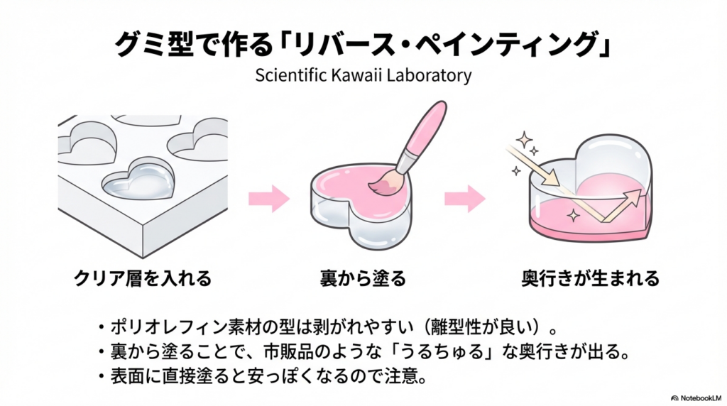 グミの空き容器にクリア層を入れ、裏から色を塗ることで奥行きを出す「リバース・ペインティング」の3ステップ（クリア層・裏塗り・完成）のイラスト。
