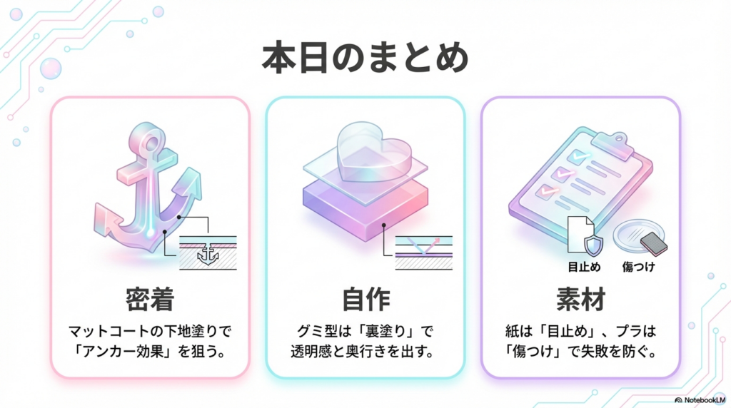 レジン加工の重要ポイントまとめ。密着のためのアンカー効果、自作時の裏塗りテクニック、素材ごとの目止めと傷つけ処理の3点をアイコン化。