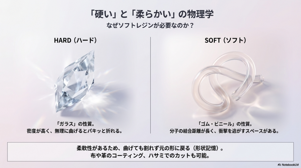 ガラス質のハードレジンと、ゴム・ビニール質のソフトレジンの分子構造と柔軟性の違いを比較した図解。