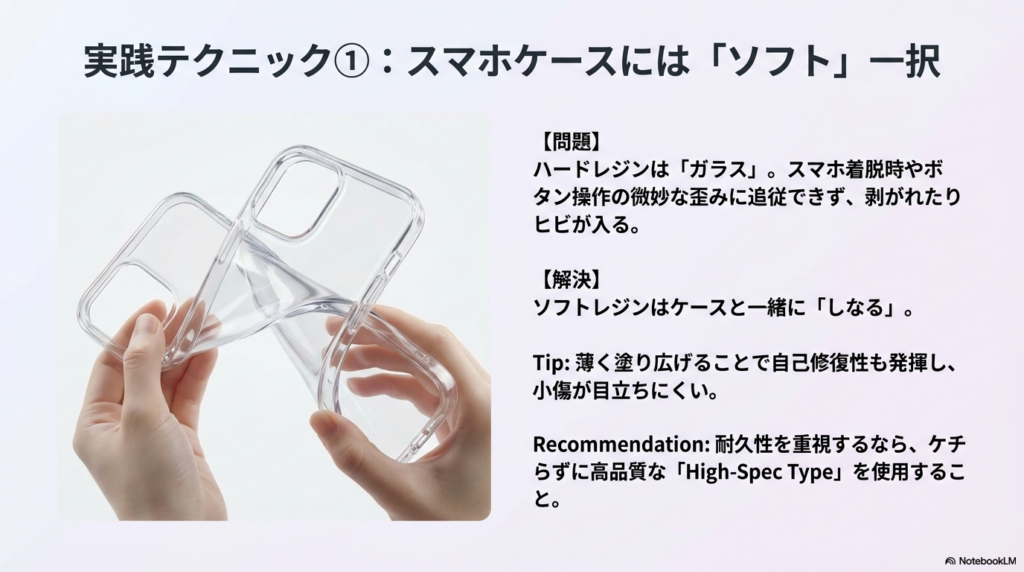 実践テクニック①。スマホケースを曲げても割れない柔軟性のあるソフトレジンを使用し、ひび割れを防ぐ様子の実演。