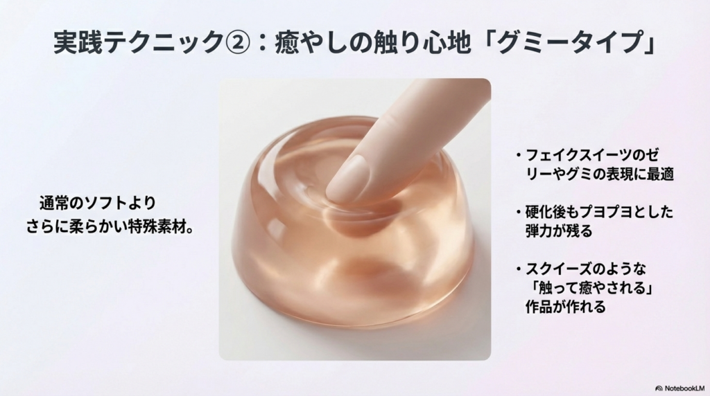 実践テクニック②。通常のソフトレジンよりさらに柔らかいグミータイプのレジンを指で押し、弾力を確認している様子。