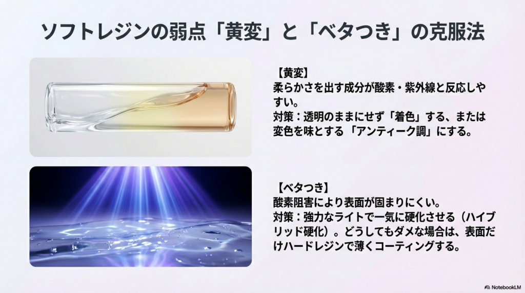 ソフトレジンの弱点である黄変(酸化)とベタつき(酸素阻害)の原因と、着色や強力ライトによる克服法の解説。