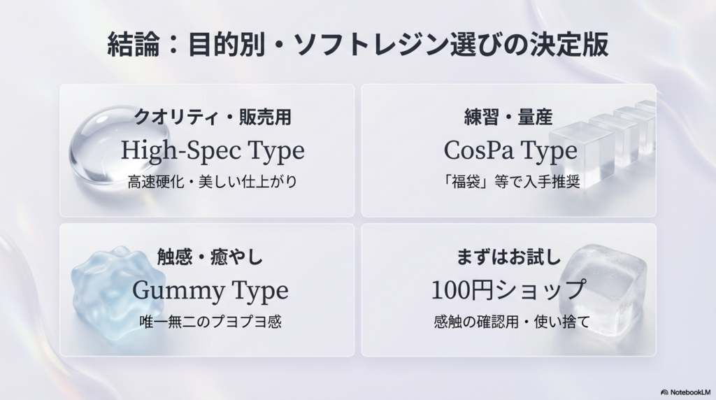 結論チャート。クオリティ重視、練習・量産、触感・癒やし、お試しなど、目的別に選ぶべきソフトレジンの4分類。