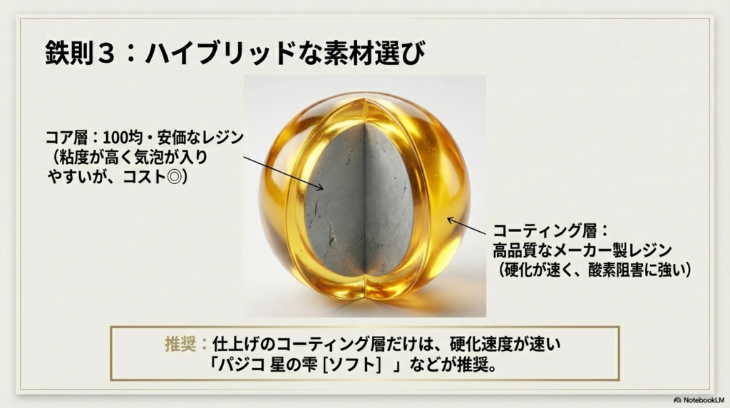 鉄則3：ハイブリッドな素材選び。コア層に安価な100均レジンを使用し、コーティング層に高品質なメーカー製レジンを使用して硬化を速め酸素阻害を防ぐ球体の断面図解。