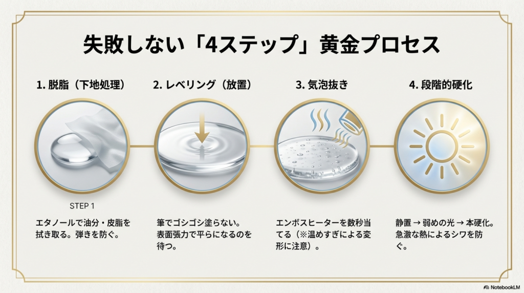 失敗しない「4ステップ」黄金プロセス。1.脱脂（下地処理）、2.レベリング（放置）、3.気泡抜き、4.段階的硬化のイラストと各手順のポイント。