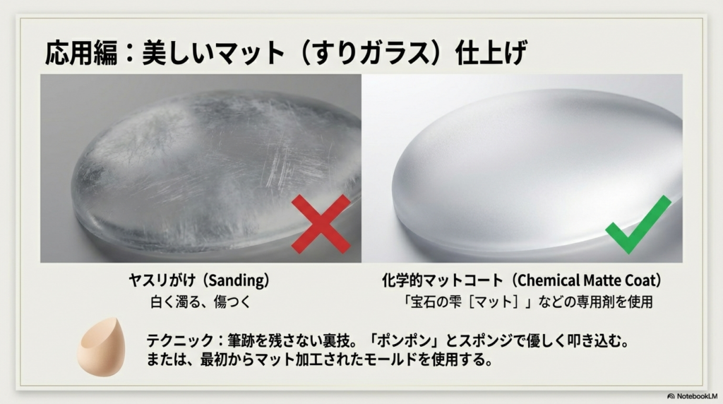 応用編：美しいマット仕上げ。ヤスリがけで白く傷ついた失敗例と、化学的マットコート剤を使用して美しく仕上がった成功例の比較画像。ポンポンとスポンジで叩き込むテクニックを紹介。