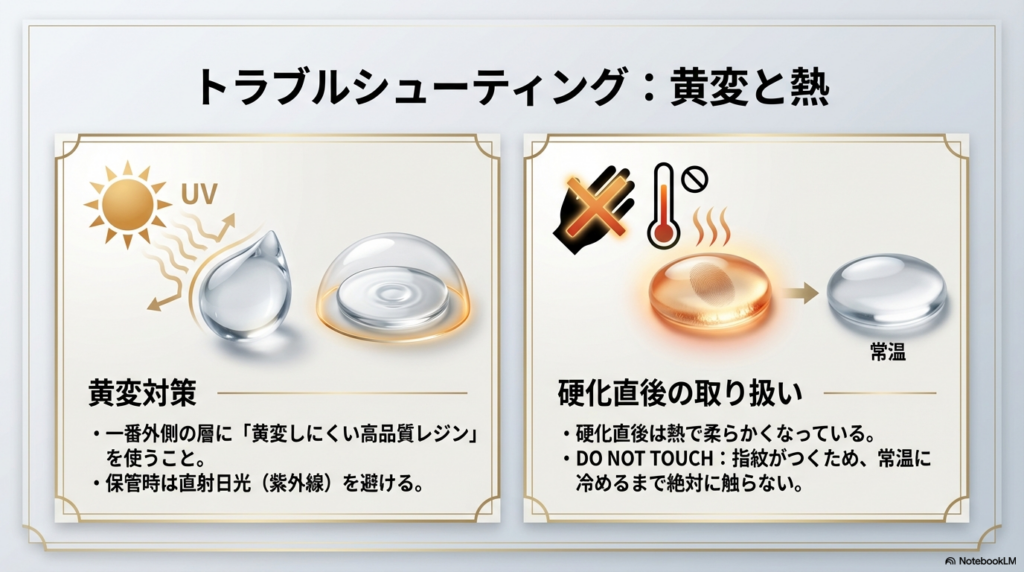 トラブルシューティング：黄変と熱。高品質レジンによる黄変対策と直射日光の回避、および硬化直後のレジンは熱で柔らかいため常温になるまで触らない（DO NOT TOUCH）という注意喚起の図。