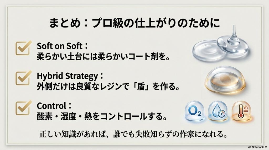 まとめ：プロ級の仕上がりのために。Soft on Soft（柔らかい土台には柔らかいコート剤）、Hybrid Strategy（外側だけ良質なレジン）、Control（酸素・湿度・熱のコントロール）の3つのチェックリスト。