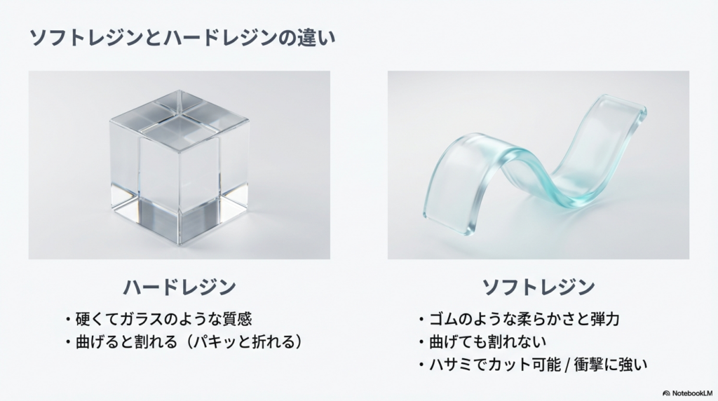 四角く硬いハードレジンと、しなやかに波打つソフトレジンを比較した画像