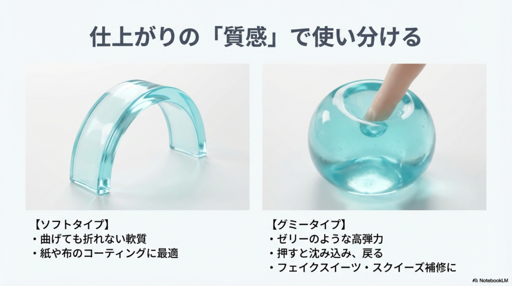 曲げられるソフトタイプと、指で押すと沈み込むゼリーのようなグミータイプの質感の違いを比較した画像