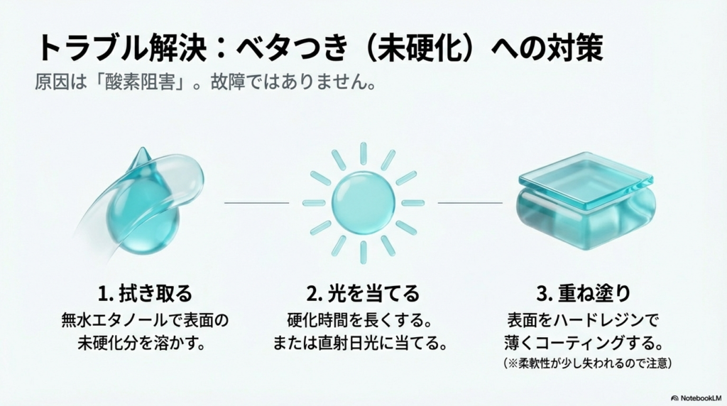 ベタつきの原因である未硬化分を拭き取る、光を当てる、重ね塗りするという3つの対策ステップを図解した画像