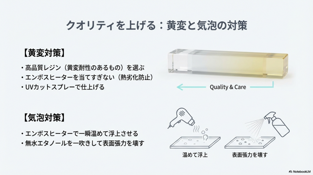 高品質レジンの選択やエンボスヒーターの適切な使用など、黄変と気泡を防ぐための対策をまとめた図解