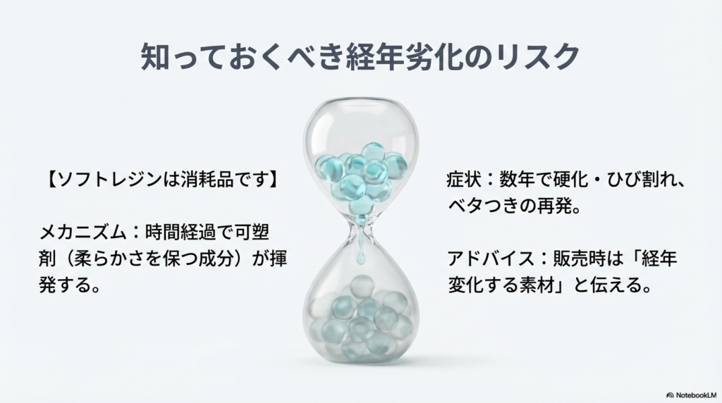 レジンの粒が入った砂時計のイラストとともに、数年での硬化やベタつきといった経年劣化のメカニズムと症状を解説した画像