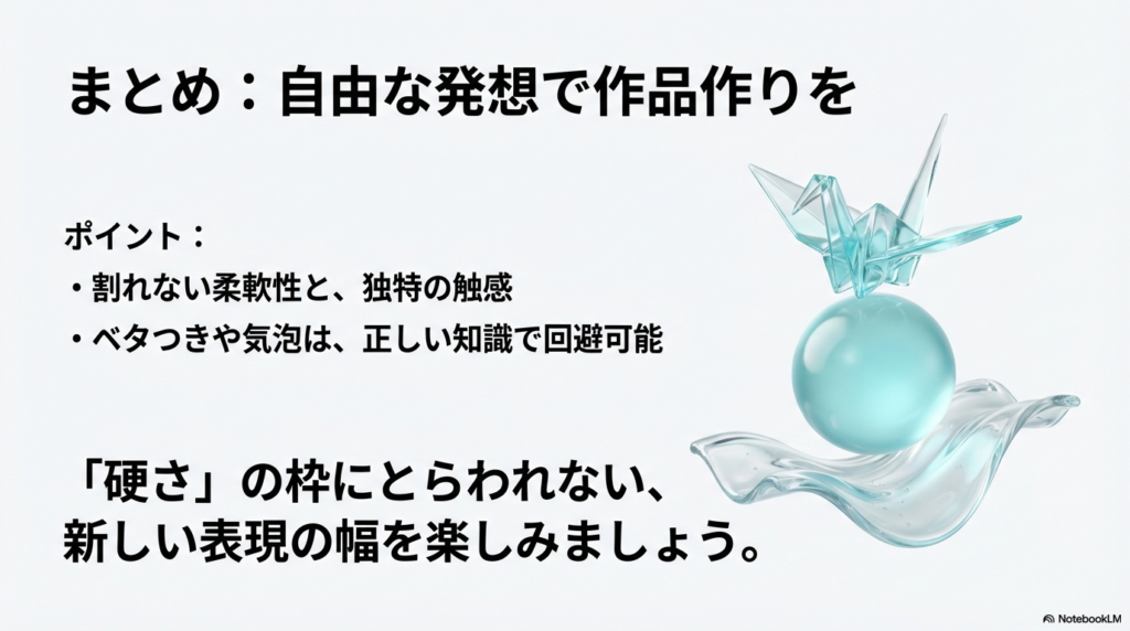 「硬さ」の枠にとらわれない新しい表現の幅を楽しむというメッセージと、透明な鶴や球体のレジン作品のイメージ画像