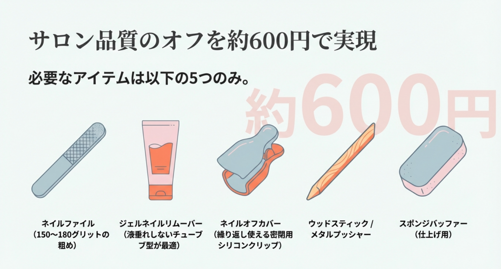 サロン品質のオフを約600円で実現するための5つの必須アイテム（ネイルファイル、チューブ型リムーバー、ネイルオフカバー、ウッドスティック、スポンジバッファー）のイラスト。