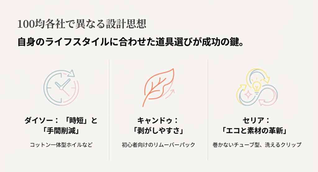 ダイソー（時短）、キャンドゥ（剥がしやすさ）、セリア（エコと素材の革新）という100均各社で異なる設計思想の比較イラスト。