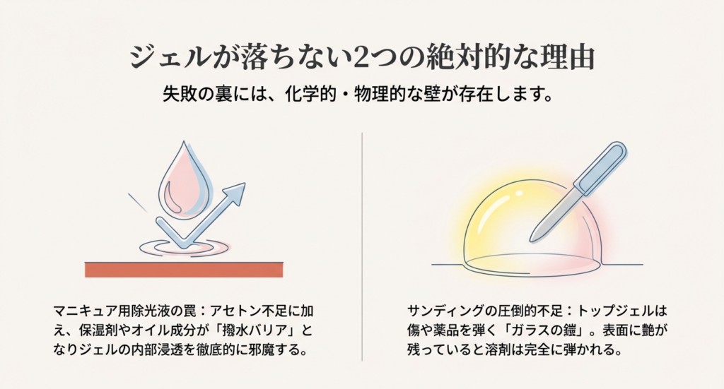 ジェルが落ちない理由を解説したイラスト。マニキュア用除光液の罠（成分による浸透の邪魔）と、サンディングの圧倒的不足（トップジェルによる弾き）の2点。