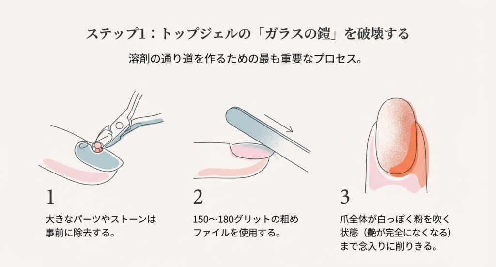ジェルネイルオフのステップ1。大きなパーツの除去、150〜180グリットのファイルでの削り、艶がなくなるまで削りきる工程の解説イラスト。