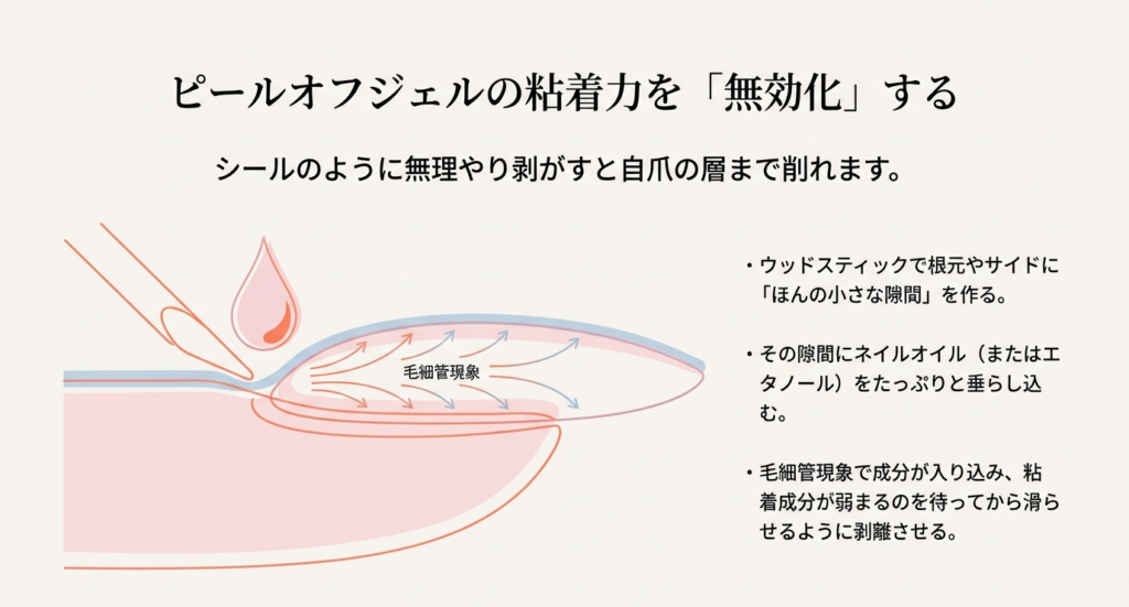 ピールオフジェルの粘着力を無効化する方法。ウッドスティックで隙間を作り、ネイルオイルやエタノールを毛細管現象で浸透させるイラスト。