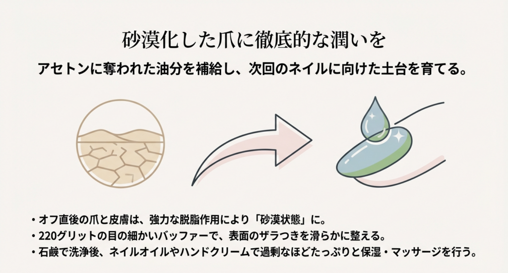 オフ直後の砂漠化した爪に潤いを与える手順。目の細かいバッファーで整え、オイルやクリームで過剰なほど保湿するアフターケアの解説イラスト。