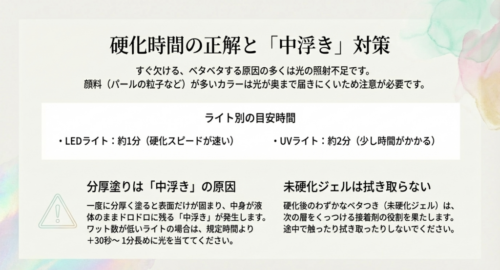 硬化時間の正解と「中浮き」対策。ライト別の目安時間、分厚塗りによる中浮きの注意点、未硬化ジェルは拭き取らないことの解説