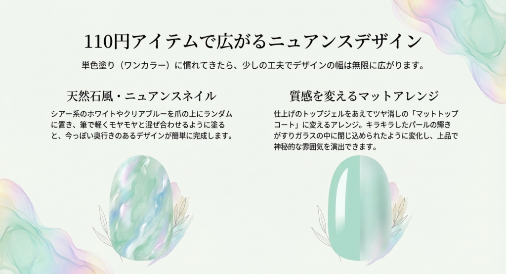 110円アイテムで広がるニュアンスデザイン。天然石風・ニュアンスネイルと、質感を変えるマットアレンジの作例紹介