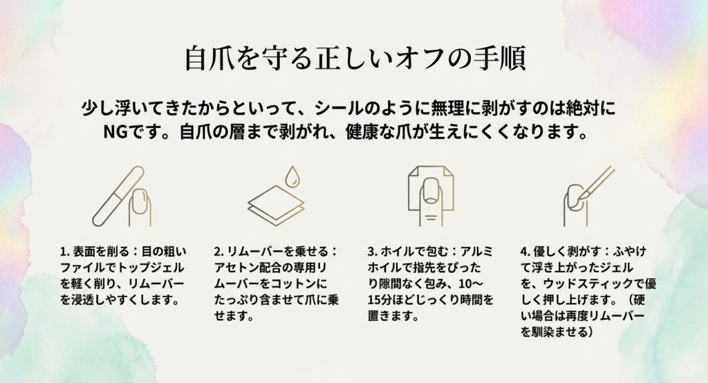 自爪を守る正しいオフの手順。表面を削る、リムーバーを乗せる、ホイルで包む、優しく剥がすの4ステップを図解