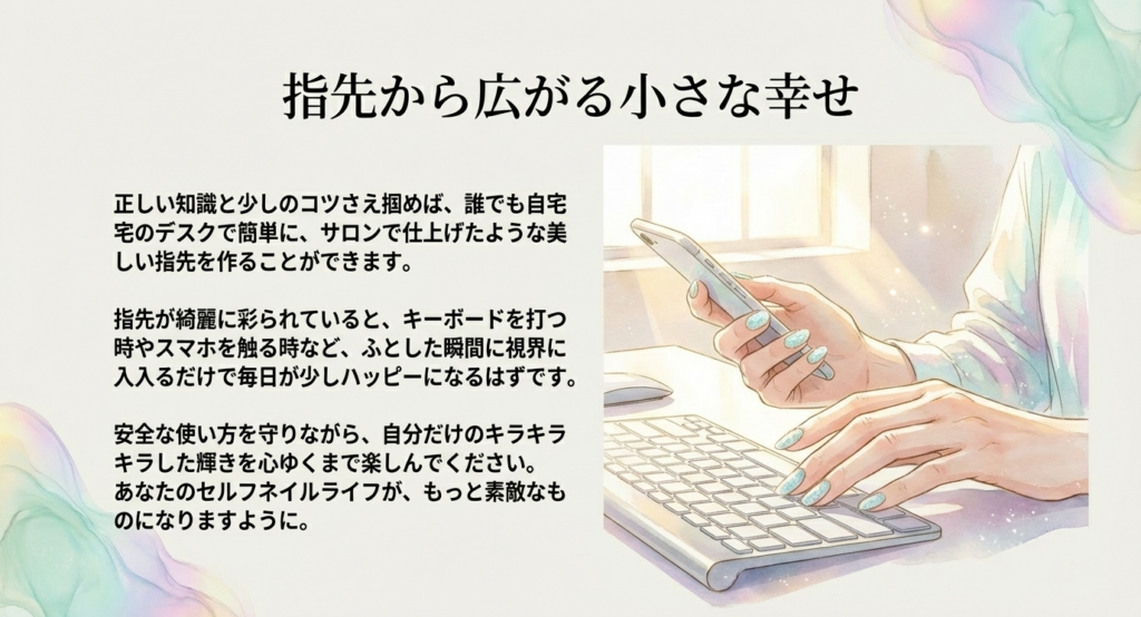 指先から広がる小さな幸せ。パソコンを操作する綺麗な指先のイラストと、セルフネイルを楽しむためのメッセージ