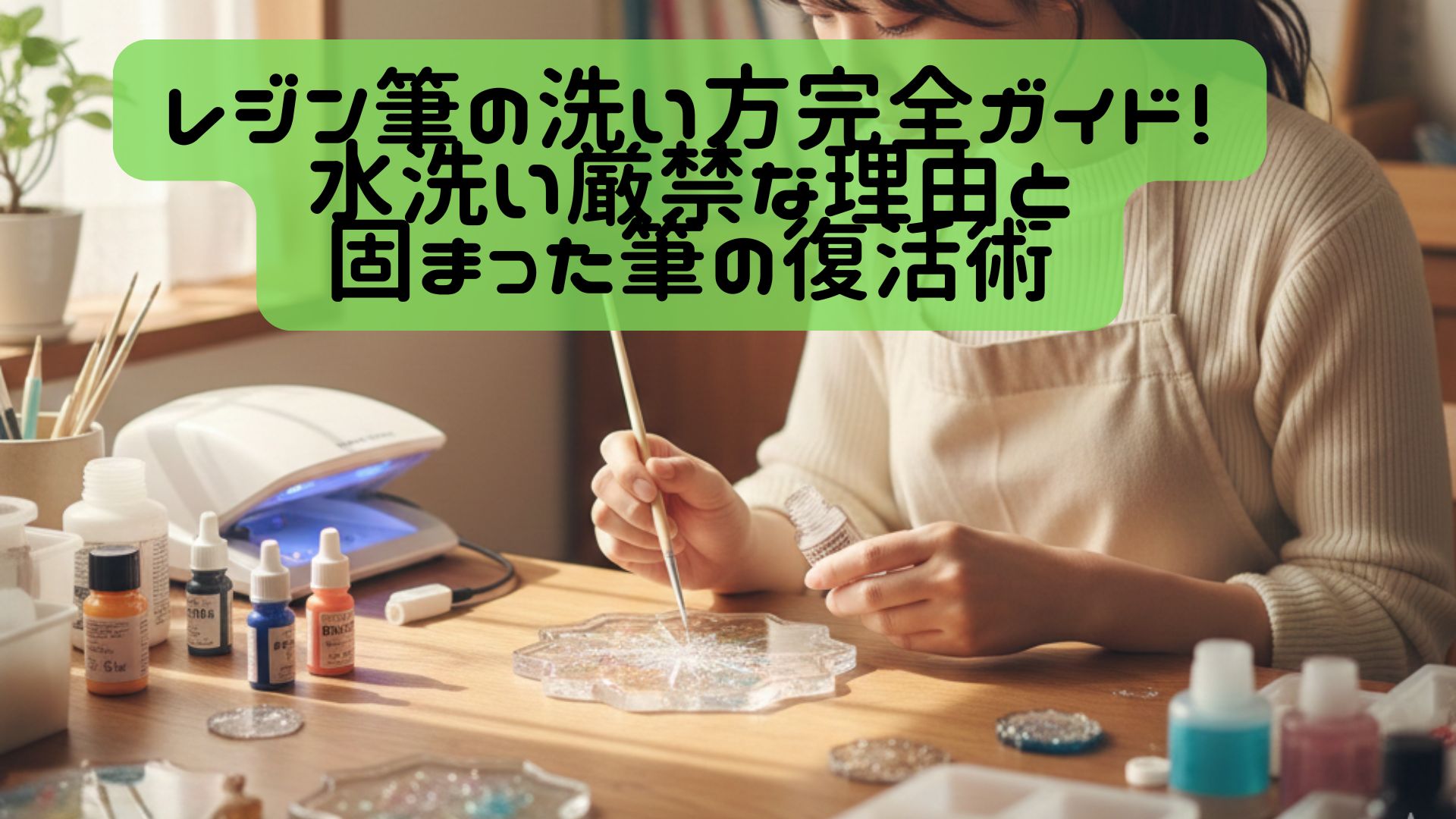 自然光の入る明るい部屋で、筆を使ってレジンアートの制作に集中しているエプロン姿の女性。