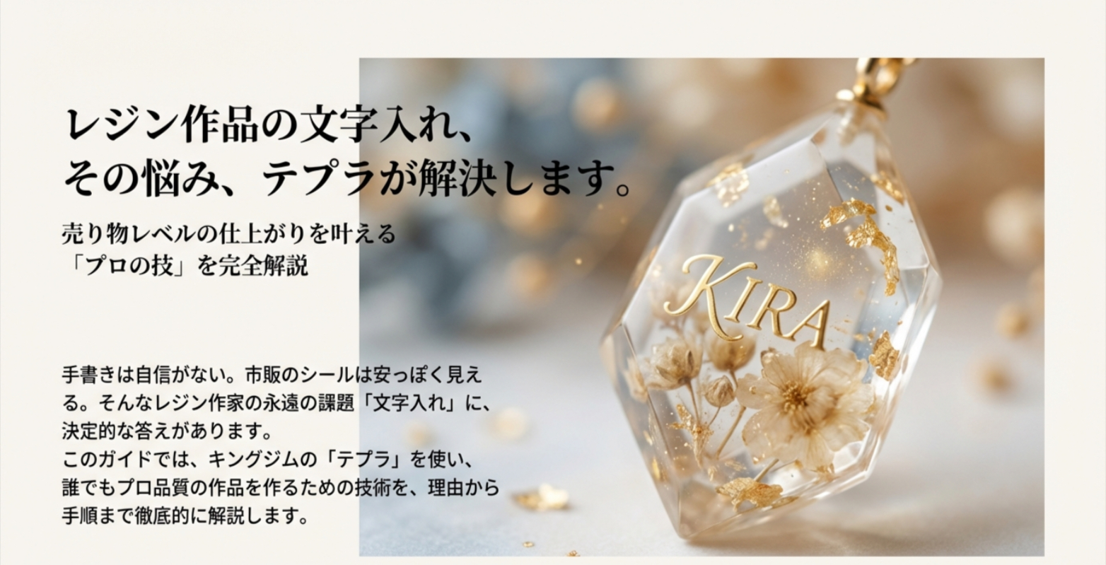 レジン作品の文字入れの悩みをテプラが解決。プロ品質の仕上がりを実現する「透明・金文字」の作例イメージ。