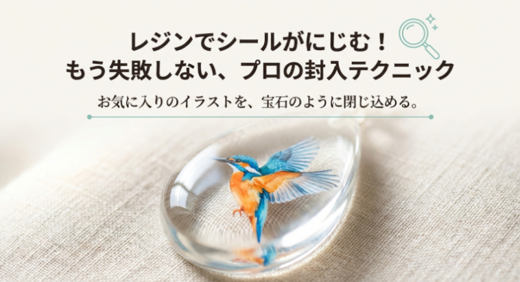 レジンの中にインクジェット印刷のイラストをにじませずに封入した、透明感のあるカワセミのペンダント作品。