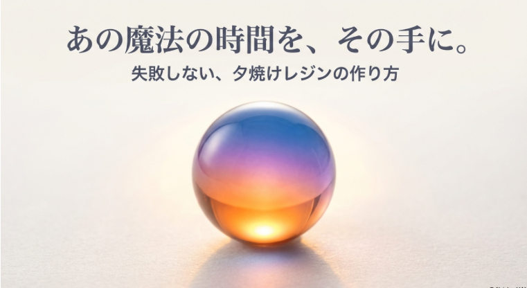 夕焼け色のグラデーションが美しい球体レジン。「あの魔法の時間を、その手に。失敗しない、夕焼けレジンの作り方」というタイトル文字。