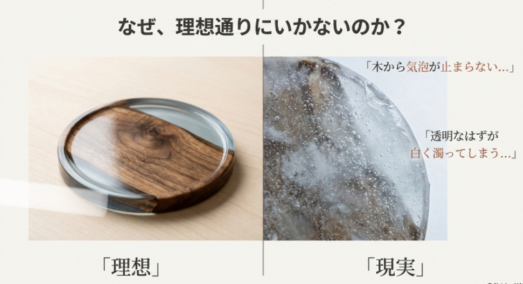 木とレジンの理想的な仕上がりと、気泡や白濁が発生してしまった失敗例の比較画像