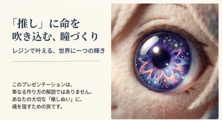 レジンで作る推しぬい用の輝く瞳と、魂を宿す旅の始まりを示すプレゼンテーション画像
