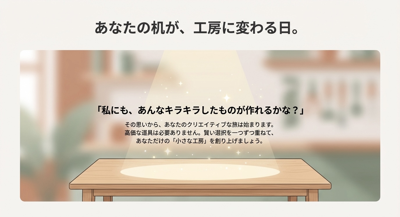 レジンクラフトを始めるための机とスポットライトのイラスト