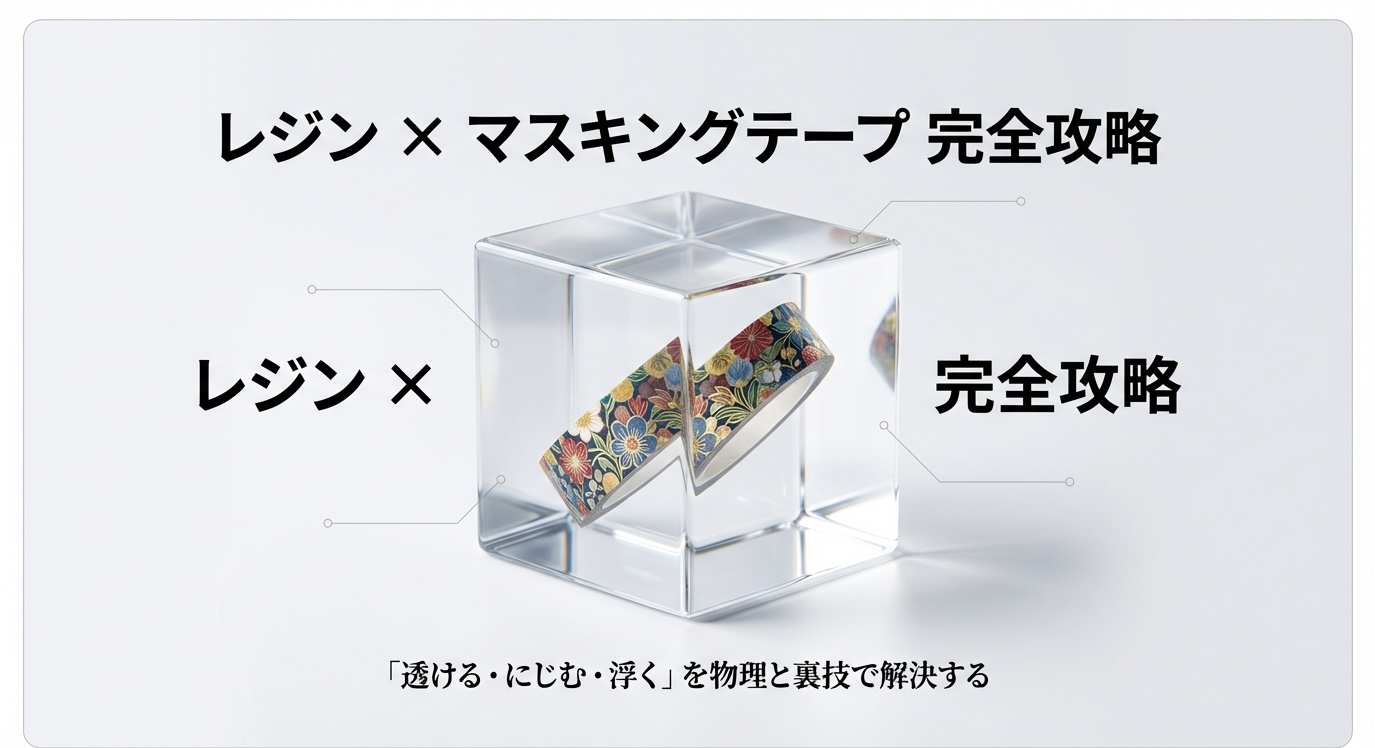 透明なレジンキューブの中に和柄のマスキングテープがきれいに封入されているアイキャッチ画像。「レジン×マスキングテープ完全攻略」のタイトル文字。