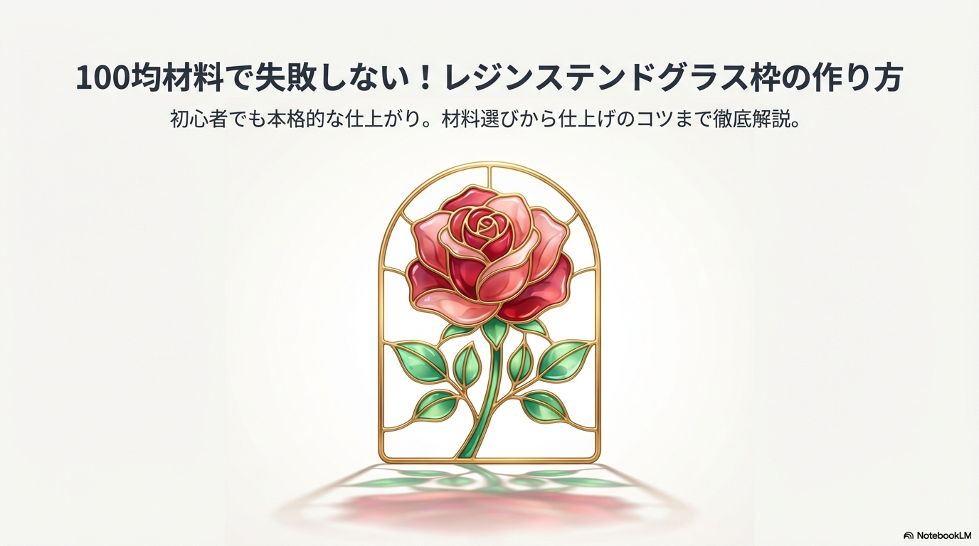 ステンドグラス風のレジンで作られた赤いバラの作品イラストと「100均材料で失敗しない！レジンステンドグラス枠の作り方」というタイトル文字。