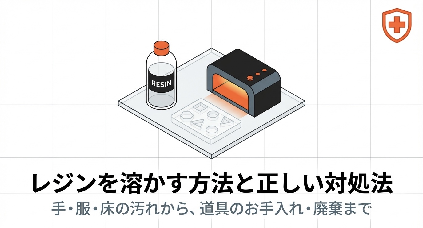 レジンを溶かす方法と正しい対処法のタイトルグラフィック。手・服・床の汚れから道具の手入れ・廃棄まで解説。