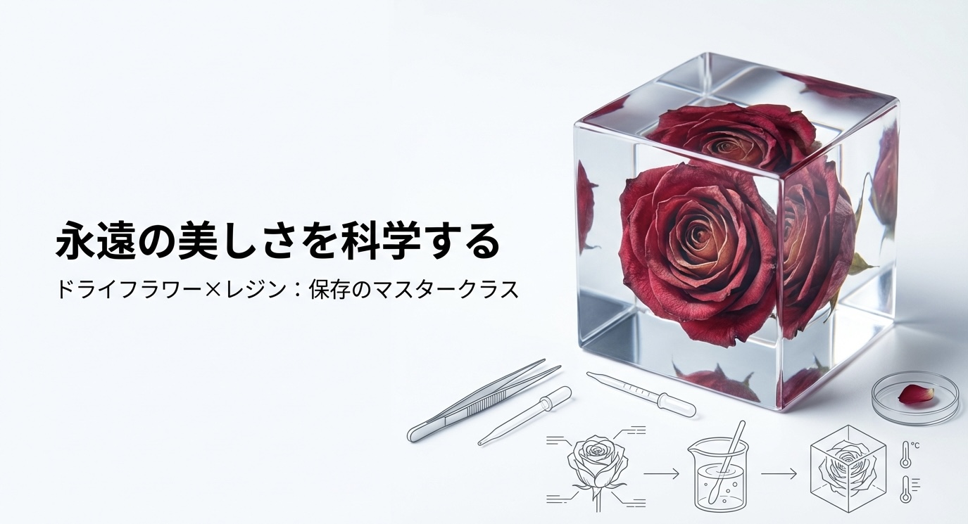 透明なレジンキューブの中に赤い薔薇が封入されているメインビジュアル。ドライフラワー作成からレジン硬化までの工程をアイコンで表現している。