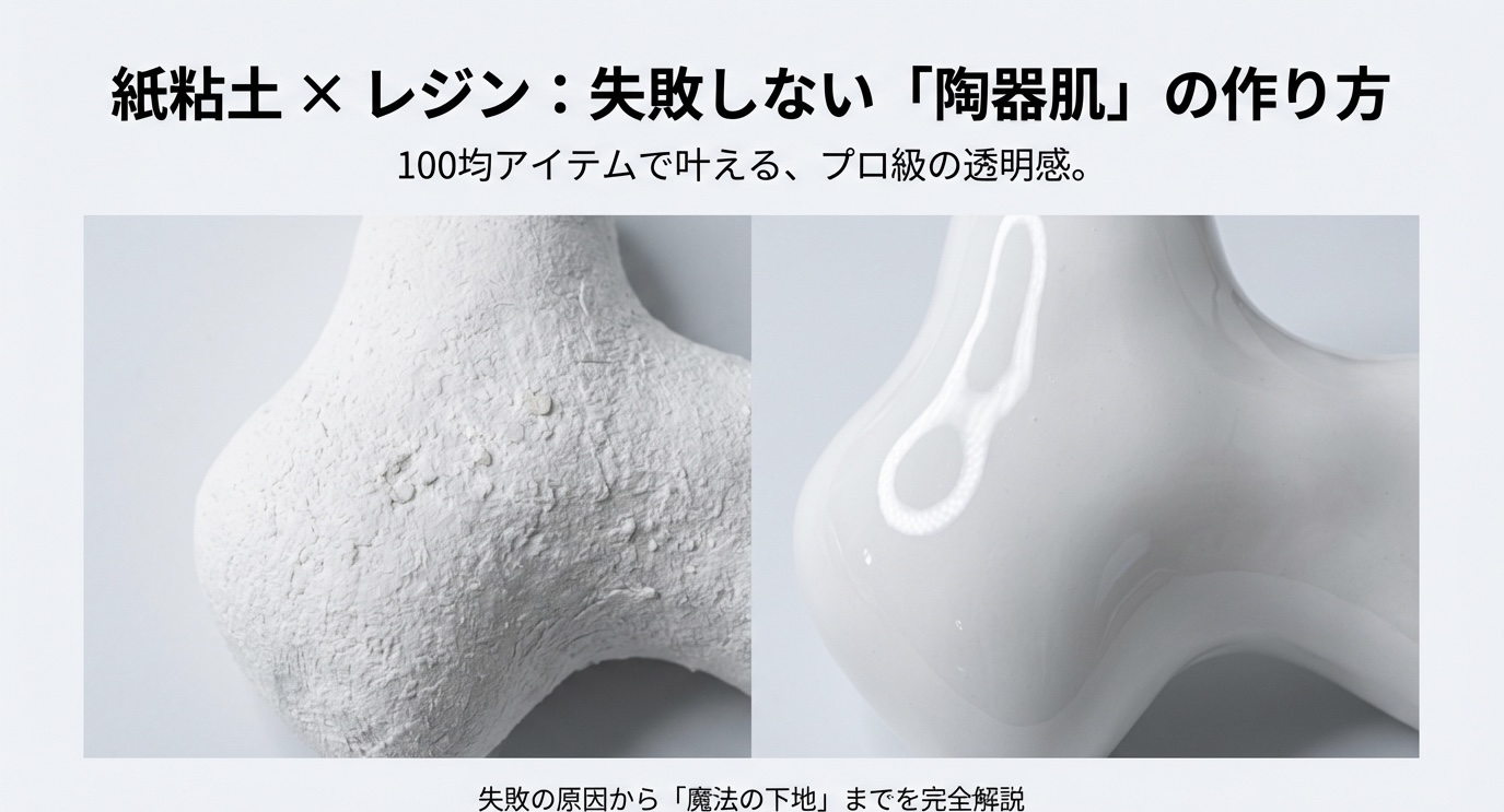 紙粘土の表面比較：左はざらついた紙粘土、右はレジンコーティングで陶器のようなツヤが出た状態