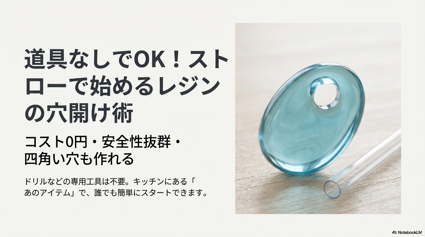 ドリルなどの専用工具を使わず、ストローを使ってレジンパーツに綺麗な穴を開ける方法のイメージ画像。