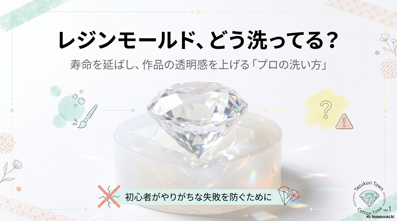 「レジンモールド、どう洗ってる？」というタイトルと、ダイヤモンド型のシリコンモールドの写真。プロの洗い方で寿命を延ばすコツを紹介するアイキャッチ画像。