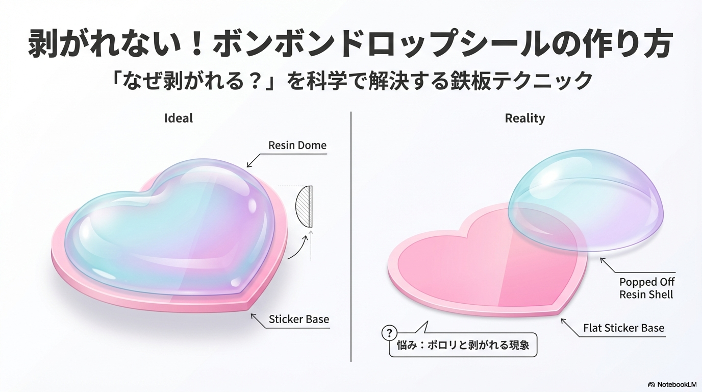 ボンボンドロップシールの理想的な完成形と、実際に起こりやすい剥離現象（ポロリと取れる）の比較イラスト。ドーム型のレジンが平らなシール面から浮いてしまっている様子。