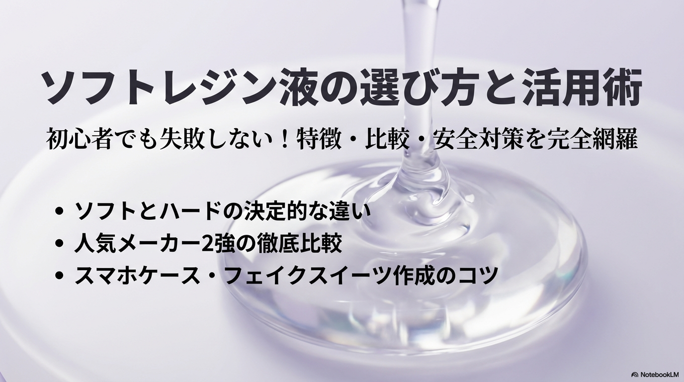 ソフトレジン液の選び方と活用術のタイトルスライド。初心者でも失敗しない特徴・比較・安全対策を網羅したガイド。
