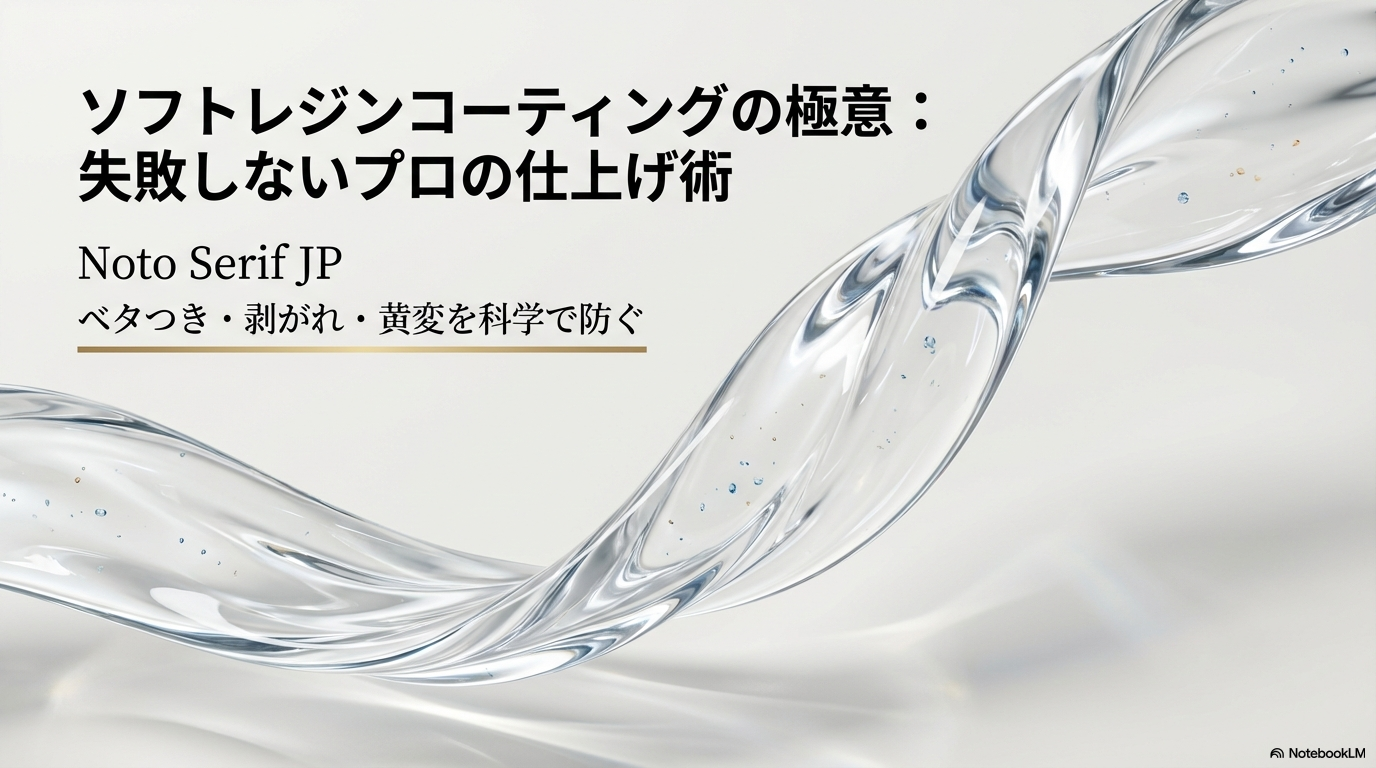 流れるような透明なレジン液のイメージ。ソフトレジンコーティングの極意：失敗しないプロの仕上げ術（ベタつき・剥がれ・黄変を科学で防ぐ）